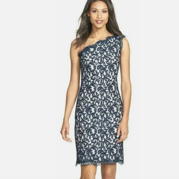 Tadashi Shoji One Shoulder Lace Sheath Dress 6 Navy - Picture 1 of 6